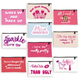 INFUNLY 10PCS Pink Red Canvas Cosmetic Bags Funny Canvas Makeup Bags Travel Cosmetic Inspirational Pouch with Zippers Cotton Toiletry Pouches for Women Wake Up and Make Up, Multi-color