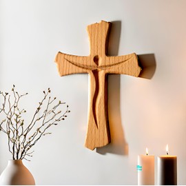 Kaltner Präsente Geschenkidee - Wandkreuz Echt Buche Holz Kreuz Kruzifix für die Wand 35 cm modern