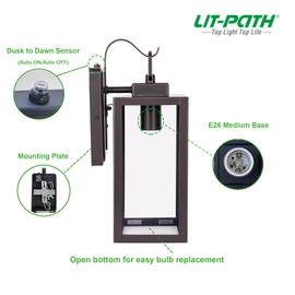 LIT-PaTH Dusk to Dawn Outdoor Wall Lantern, Wall Sconce as Porch Lighting Fixture, E26 Medium Base Max 60W, Anti-Rust Metal with Glass Shade, Oil Rubbed Bronze Finish, 2-Pack
