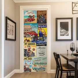 LiveInUrban Self Adhesive Leather Effect Textured Vinyl Door Mural, Peel and Stick Door Decals Sticker for Bedroom Living Room Kitchen Home Decor,Vintage Vehicle Poster, 15.19"X78.74"X2PCS