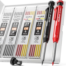 Nicpro Carpenter Pencil with Sharpener, Mechanical Pencils Set with 26 Refills, Deep Hole Marker for Construction, Heavy Duty Woodworking Pencils for Architect (Black, Red) - With Case - Color: Black,Red,Yellow