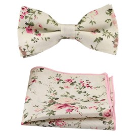 Men's Luxury Cotton Pre-tied & Fully Adjustable Bow Tie & Pocket Square Set (Cream Floral) - suitable for formalwear, office, weddings, parties, grooms & groomsmen outfits