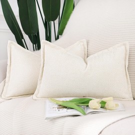 Madizz Set of 2 Chenille Velvet with Edge Cushion Covers, Soft Decorative Cushion Covers, Modern Cushion Cover for Sofa, Living Room, Bedroom, Cream, 40 x 60 cm