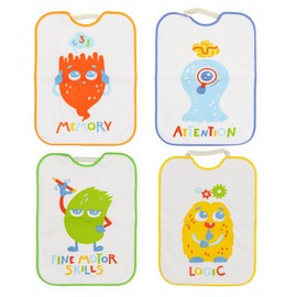 Ti TIN Pack of 4 Waterproof Baby Bibs with Rubber Closure, 90% Cotton, 10% Polyester with Vinyl Lining, Pack of 4 Bibs for Babies from 1 Year, Skills