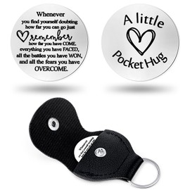 PLwelth Pocket Hug Token Inspirational Keychain for Son Daughter from Mom Long Distance Relationship Double Sided Pocket Hug Coin with Leather Keychain Back to School Gifts for Boys Girls(Sliver)
