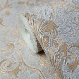 Zambaiti Parati Vinyl Gray Bronze Metallic Victorian Damask Faux Concrete Plaster Wallpaper Textured 3D Embossed