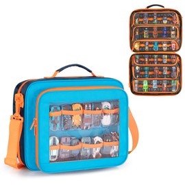 Toy Cars Carry Case Compatible with Hot Wheels Monster Trucks, Travel Truck Storage Compatible with Monster Jam Trucks up to 30, with Display Front Pocket for 1:64 Scale Mini Toy Cars, Blue, Bag Only