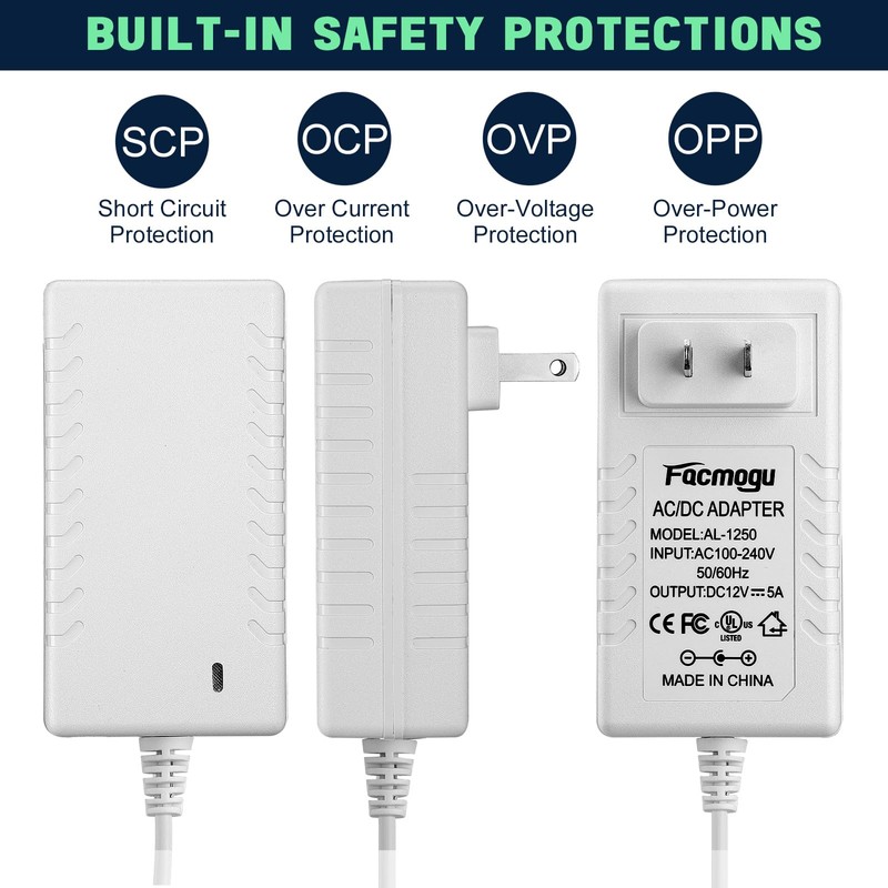 Facmogu 60W 12V 5A Power Adapter, AC 100-240V to DC