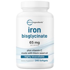 Micro Ingredients Iron Bisglycinate 65 mg Per Serving, 240 Softgels | Iron Supplement for Women & Men | Chelated Formula with Vitamin C & Black Seed Oil | Non-GMO, Gluten Free