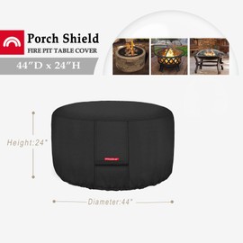 Porch Shield Fire Pit Cover - Waterproof 600D Heavy Duty Fade Resistant Round Patio Fire Bowl Cover Black - 44 inch