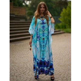 sunforyou Kaftan Dresses for Women Plus Size Swimsuit Cover up Batwing Sleeve Blue Butterfly Loungewear Beach Robe (10861)