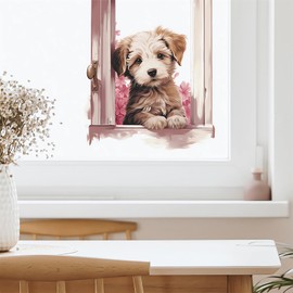 Cute Window Puppy Watercolor Wall Stickers, sacinora Cartoon Dog Fake Window Pink Flower Wall Decals Removable Vinyl Peel and Stick for Kids Baby Nursery Living Room Bedroom Door Art Decorations