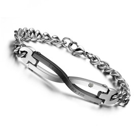 Flongo Partner Bracelet, Friendship Bracelets, BFF Chains, Cubic Zirconia, Silver, Black, Rose Gold, Reins Chain, Infinity Sign, Partner Promise His & Her Set, Elegant, Men, Women, Stainless Steel