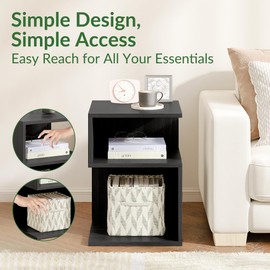 ODIKA Tokyo S Flip Minimalist 3 Tier End Table with Fast Charging Station - USB C Cable Wood Nightstand for Small Spaces with Open Storage Bedside Table for Bedroom (Set of 2Ƨ, Natural w/Charging)