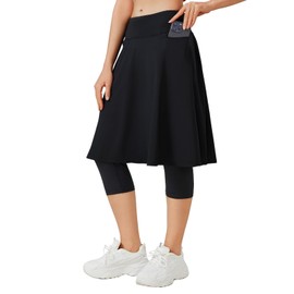 ANIVIVO 24" Long Knee Length Skirted Leggings for Women,Modest Athletic Skirt with Leggings Pleated Workout Skirt Zipper Pockets(Black,L)