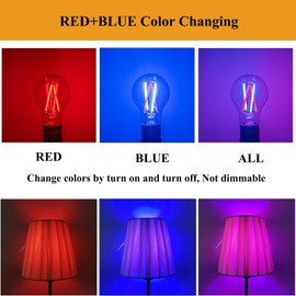 SHUWDKAR 3 Color Temperature LED Bulb E26 Medium Base 60W Equivalent, Red and Blue Color Changing Light Bulb 3CCT A19 LED 6W Clear Glass, Not Dimmable, 2 Pack