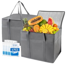 Xiesaip 2-Pack Insulated Grocery Bags with 6×200ml Ice Packs -Reusable Food-Grade Cooler Tote, Foldable Ice Bag, Leakproof Design for Camping, Picnics & Food Delivery (XL Gray 16×13×9 Inch)
