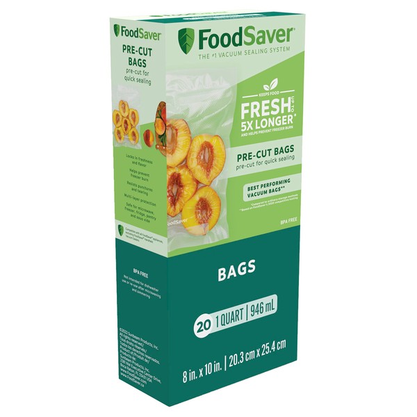 FoodSaver 1-Quart Precut Vacuum Seal Bags with BPA-Free Multilayer Construction for Food Preservation, 20 Count