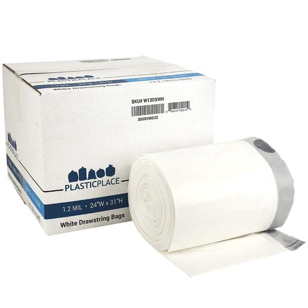 Plasticplace 13 Gallon Trash Bags │ 1.2 Mil │ White Drawstring Garbage Can Liners │ 24" x 31" (200 Case) (W13DSWH)