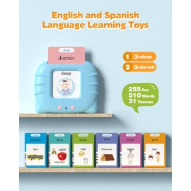 Bilingual Spanish and English Talking Flash Cards for 1-3, Pocket Speech Therapy Toys with 512 Words, Montessori Language Learning and Autism Toys, Children's Sensory Learning, Birthday Present