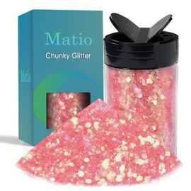 Matio Iridescent Chunky Glitter 7.8oz/220g IRI Pink Craft Ultra Fine Glitter Powder Mixed Chunky PET Flakes Sequins for Resin Epoxy Nail Art Hair Eye Tumbler Party Festival Decor