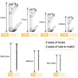 304 Pieces Picture Hanging Kit, 10lb, 30lb, 50lb and 100lb Picture Hangers, Metal Picture Hanging Hooks with Nails, on Drywall, Wooden Wall(Silver)