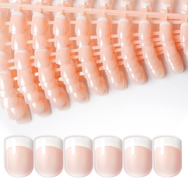 240Pcs French Fake Nails Short Solid Color Press on Nails, Natural Skin Color Full Cover Acrylic False Nails Tips for Women Girls