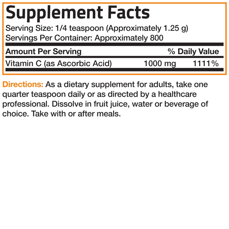 Bronson Vitamin C Powder Pure Ascorbic Acid Soluble Fine Non