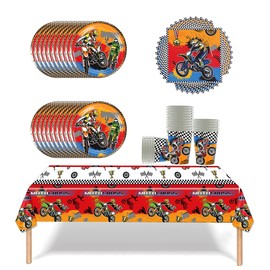 Fuwraixis Off-Road Motorcycle Party Tableware, 61 Pieces Children's Birthday Party Tableware, Napkin Tablecloth, Paper Cups and Plates Tableware Set, Suitable for Baby Christening, Holds 20 People