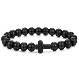 Black Natural Stone Cross Frosted Bracelet,Fashionable High-End Elastic Rope Yoga Bracelet,Niche Design Matte Essential Item for Trendy Men and Women.