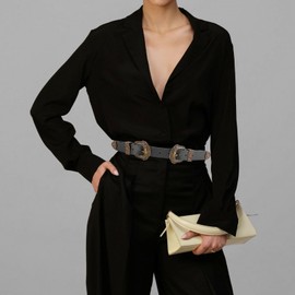 NPET - Cinturón de piel para mujer, estilo vaquero clásico con doble hebilla floral para mujer, vestidos de moda, jeans, pantalones negros, 01-b46, Suit Waist Size 50"-54"