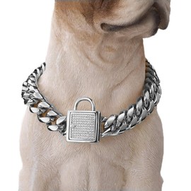 Aiyidi Pet Dog Collar, Top Stainless Steel Dog Chain Training Collar, 14mm Silver Tone Cuban Curb Chain Dog Collar, with White Zirconia Lock Dog Necklace 10-26 Inches(14mm,20inches)