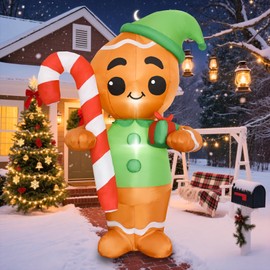 YOUBEMAGIC 6FT H Lovely Christmas Inflatable Gingerbread Man with Candy Cane and Gift Box, Blow up Gingerbread Man, Christmas Inflatables Gingerbread with Bulid-in LEDs for Indoor Outdoor Decoration