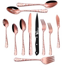 Stapava 53-Piece Copper Silverware Set with Serving Utensils for 8, Stainless Steel Rose Gold Flatware Cutlery Set, Mirror Eating Utensils Tableware with Butterfly Flower Laser, Dishwasher Safe