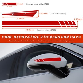 Dickno 6PCS Car Hood Stripe Sticker, Vinyl Auto Body Side Rearview Mirror Decal, Sports Racing Stripe Graphic Decal Stickers, Universal Vehicle Exterior DIY Decoration Accessories (Red)