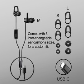 Mixx SoundPort USB-C Wired Earphones, In-Ear Headphones with Hands-Free Calling, Siri & Google Assistant Compatible, 3 Pairs of Ear Cushions Included, Black.