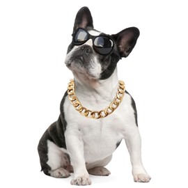 18K Gold Plated Dog Chain Collar-3/4 Inch （20mm）Width Cuban Link Durable Dog Necklace, Cute Fashion Pet Collar for Pit Bulldog, Light Metal Jewelry Bold Chain Puppy Accessories