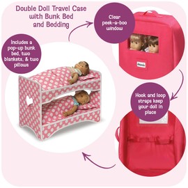 Badger Basket Double Doll Travel Case with Carry Handle - Includes Twin Doll Beds, Soft Blankets, and Storage Pockets - Portable Doll Carrier for Travel and Play - Fits Two 18-Inch Dolls