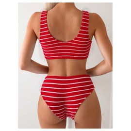 SOLY HUX Women's Striped Bathing Suit V Neck High Waisted Bikini Sets Two Piece Swimsuit Red Striped Medium