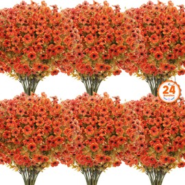 Ouddy Decor 24 Bundles Artificial Fall Flowers for Outdoors, Fake Mums Silk Flowers UV Resistant Faux Plastic Plants for Garden Porch Farmhouse Fall Harvest Thanksgiving Home Decor, Orange Green
