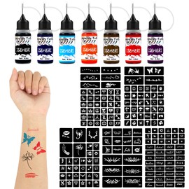 ISEHERI Temporary Tattoo Kit 7 Bottles Color Inks,183 Pcs Stencils Kit for Body Paint DIY Fake Tattoos for Kids(black, brown, red, cyan, Blue, Orange, Purple)