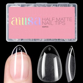 AILLSA Short Almond Nails 504PCS Half Matte Fake Nails Tips Soft Press on Gel Nail Tips Pre Shaped Clear Full Cover Acrylic Nail Tips for Nail Extension 12 Sizes with Storage Box for Christmas