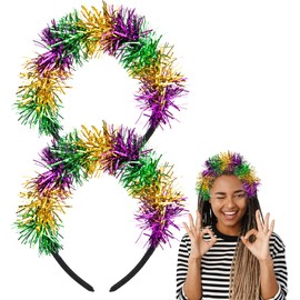 Watayo 2 Pcs Mardi Gras Headband for Women, Adjustable Glitter Mardi Gras Tinsel Hairband, Purple Green Gold Headwear Hair Accessories for Mardi Gras Masquerade Parade Party Favors
