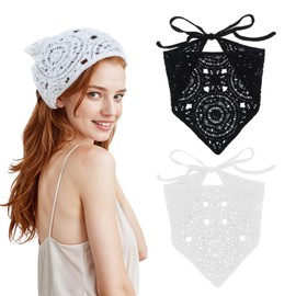 FdcLixuvol Floral Crochet Hair Bandanas for Women, 2 Pcs Bandana Headbands for Women Vintage Crochet Bandana for Women Scarf Headband Charming Crochet Headbands for Women Girls (White, Black)