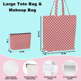 Red Checkered Canvas Tote Bag Shopping Bag Reusable Grocery Bags with Pocket Makeup Bag Set for Work Travel Vacation Aesthetic Gifts for Women Girls Friends Sister Birthday Anniversary Appreciation