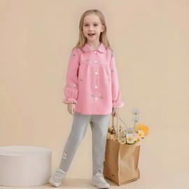 xiaoyunbaby Girls' White Floral Embroidered Blouse, Long Sleeve, Peter Pan Collar with Ruffle Trim (US, Age, 5 Years, 6 Years, Pink)