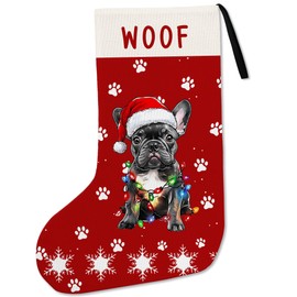 French Bulldog Christmas Stockings, French Bulldog Christmas Decor, Red Dog Paws Woof Xmas Stockings, Bulldog Dogs Gifts Hanging Decorations Stocking for Dogs Lovers Women Fireplace, 18 in