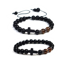 2Pcs Religion Cross Tiger Eye Stone Bead Bracelet for Women Men Matte Agate Crystal Gemstone Seed Elastic Braide Drawstring Bangle Set Adjustable Birthday Jewelry Gift-D yellow