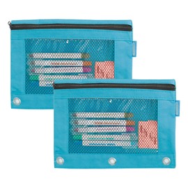 BAZIC Pencil Pouch 3 Ring Binder Pouch, Rivet Enforced Ring Hole, Mesh Window Zipper Case, Pastel Blue, 2-Pack