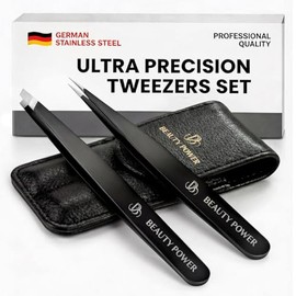 Beauty Power - Juego de pinzas profesionales de 2 pulgadas, de acero inoxidable alemán, de ultra precisión, para cejas, depilación facial y encarnada (negro mate, juego de 2 pulgadas)